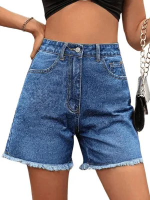 MakeMeChic Women's High Waist Jean Shorts Casual Raw Hem Straight Leg Summer Denim Shorts