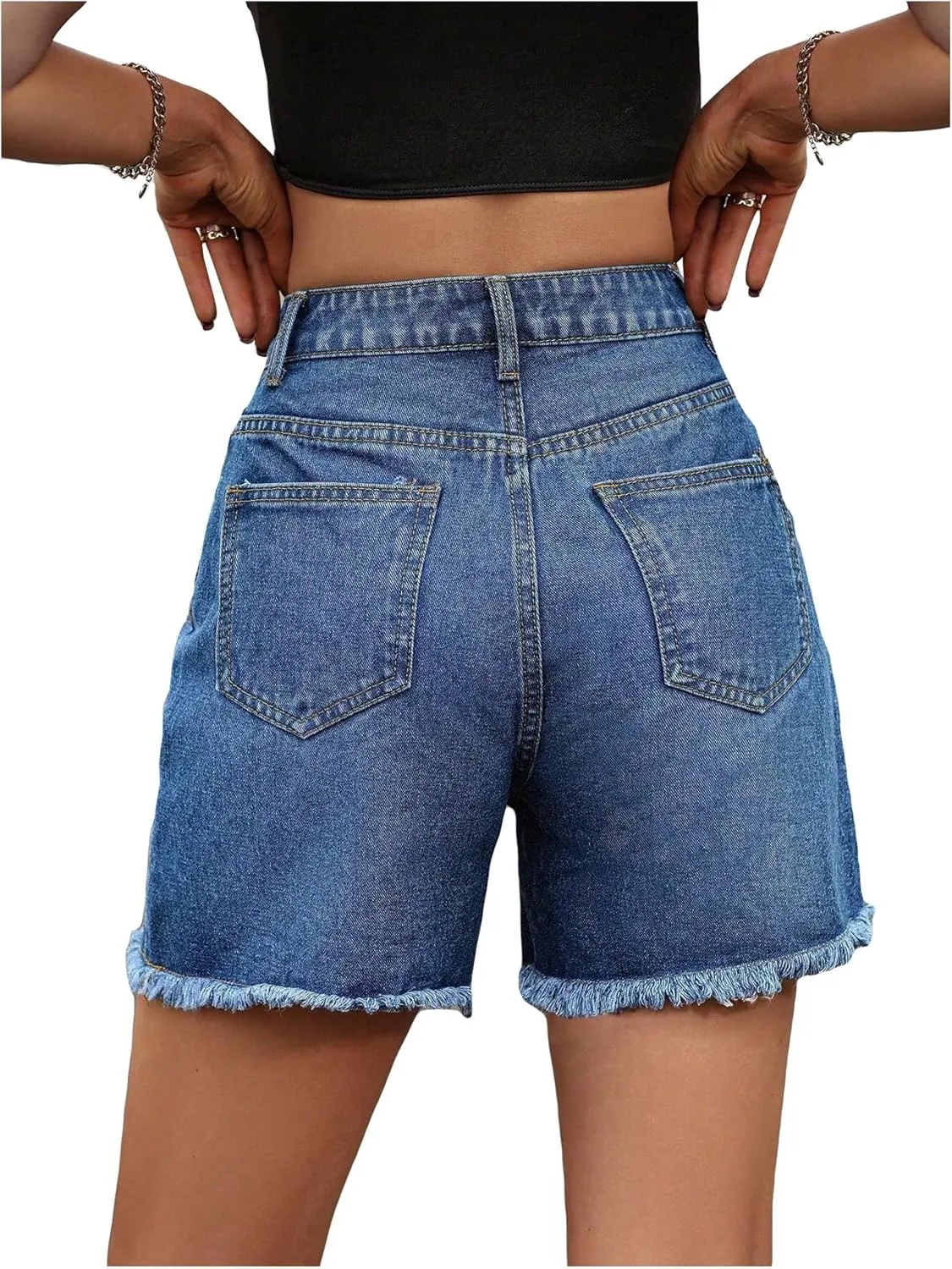 MakeMeChic Women's High Waist Jean Shorts Casual Raw Hem Straight Leg Summer Denim Shorts