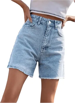 MakeMeChic Women's High Waist Jean Shorts Casual Raw Hem Straight Leg Summer Denim Shorts