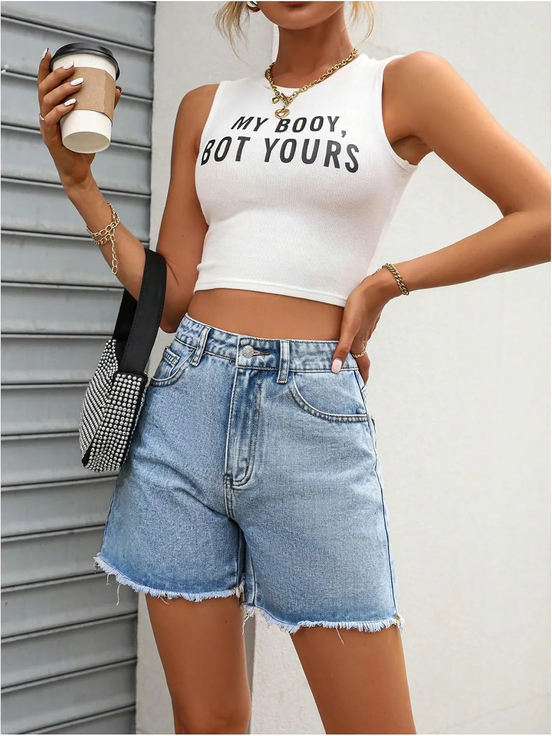 MakeMeChic Women's High Waist Jean Shorts Casual Raw Hem Straight Leg Summer Denim Shorts