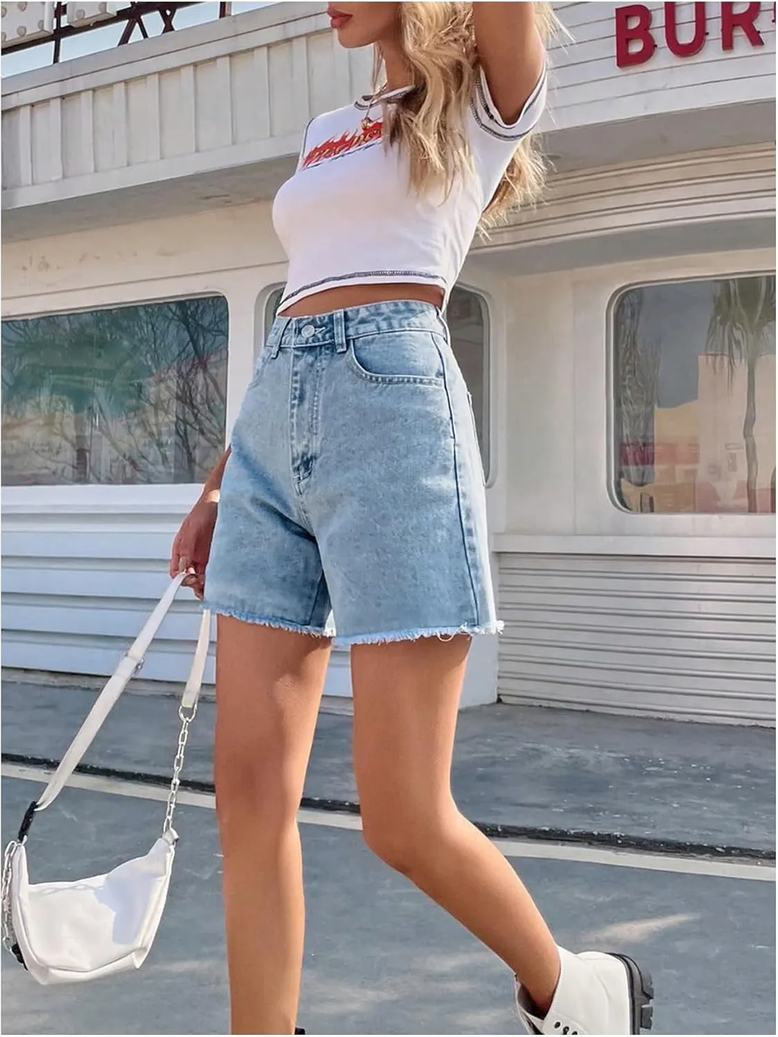 MakeMeChic Women's High Waist Jean Shorts Casual Raw Hem Straight Leg Summer Denim Shorts