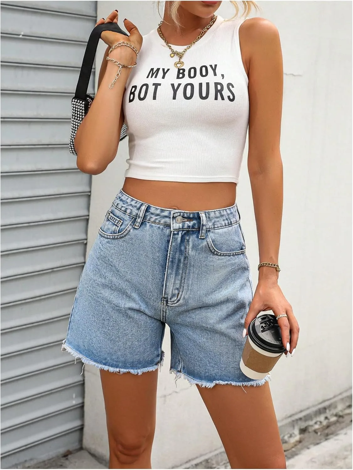 MakeMeChic Women's High Waist Jean Shorts Casual Raw Hem Straight Leg Summer Denim Shorts