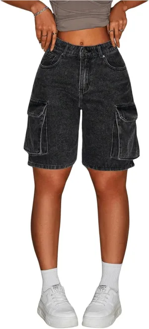 MakeMeChic Women's Low Waist Denim Cargo Shorts Flap Pocket Baggy Y2K Bermuda Jean Shorts