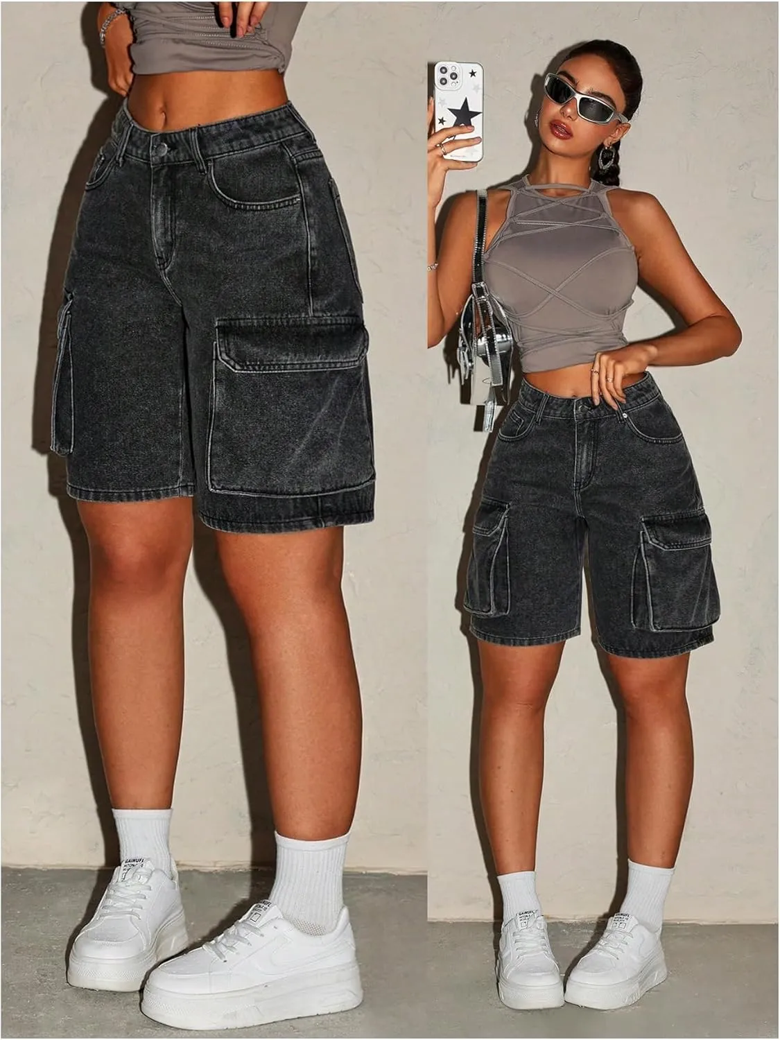 MakeMeChic Women's Low Waist Denim Cargo Shorts Flap Pocket Baggy Y2K Bermuda Jean Shorts