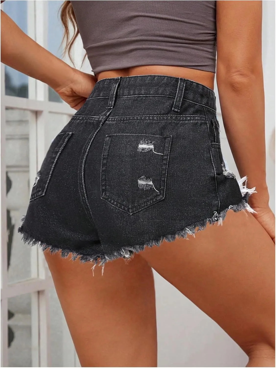 MakeMeChic Women's Ripped Denim Shorts Raw Trim Straight Leg Jean Shorts with Pocket