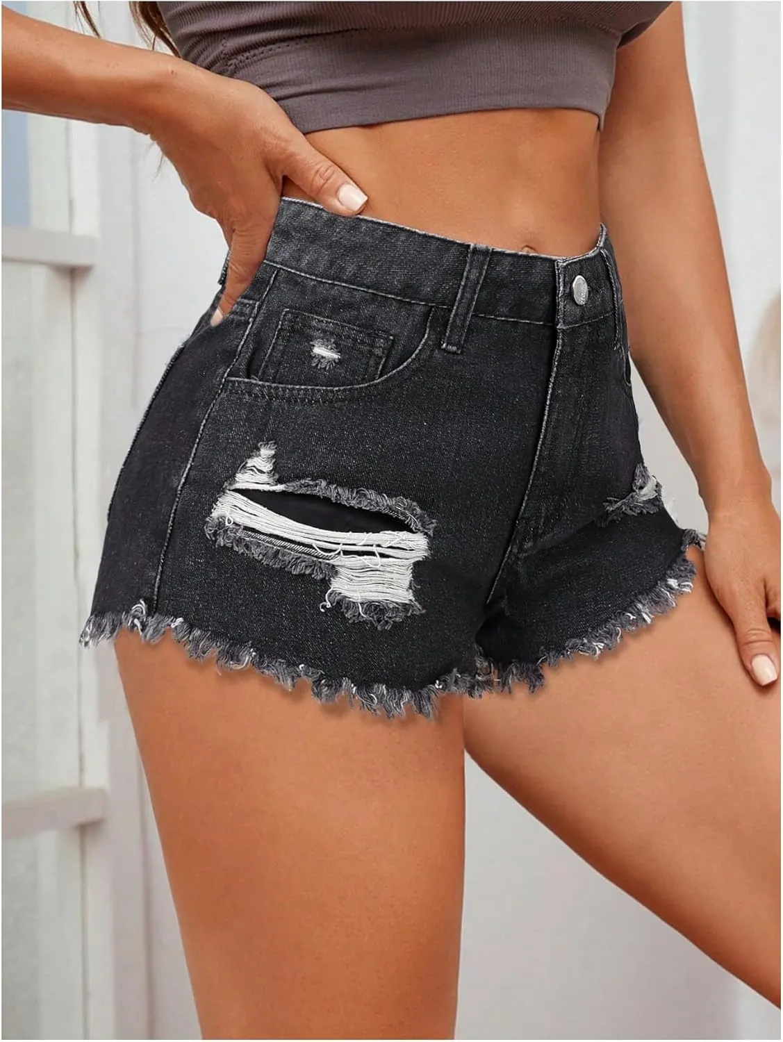 MakeMeChic Women's Ripped Denim Shorts Raw Trim Straight Leg Jean Shorts with Pocket