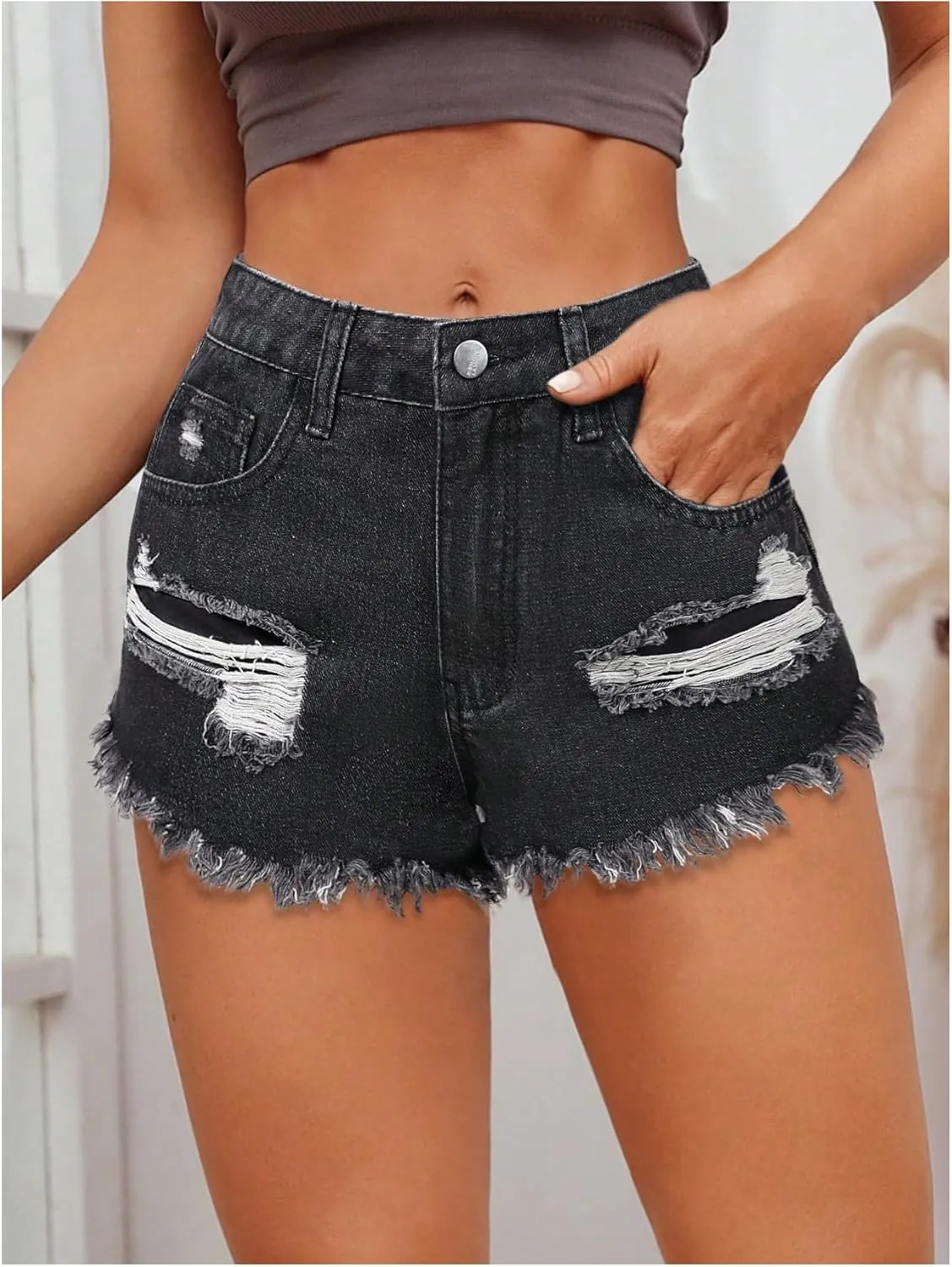 MakeMeChic Women's Ripped Denim Shorts Raw Trim Straight Leg Jean Shorts with Pocket