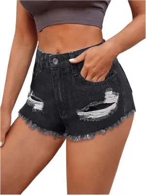 MakeMeChic Women's Ripped Denim Shorts Raw Trim Straight Leg Jean Shorts with Pocket