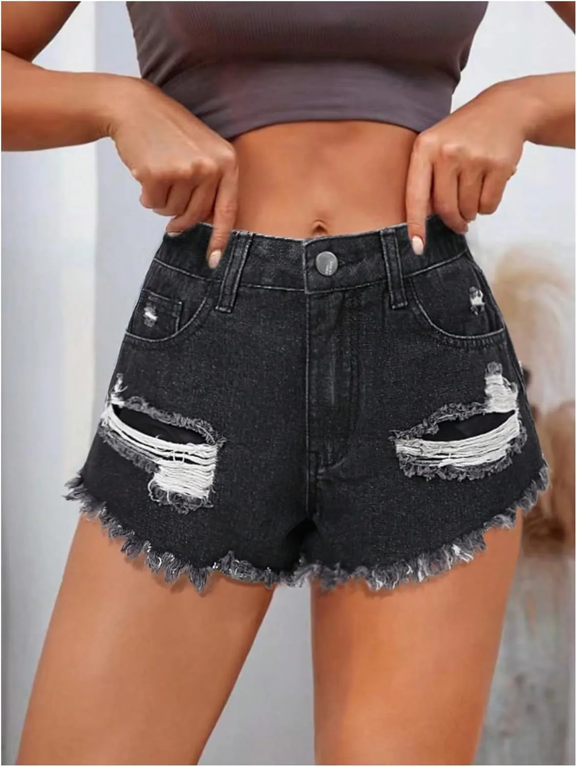 MakeMeChic Women's Ripped Denim Shorts Raw Trim Straight Leg Jean Shorts with Pocket