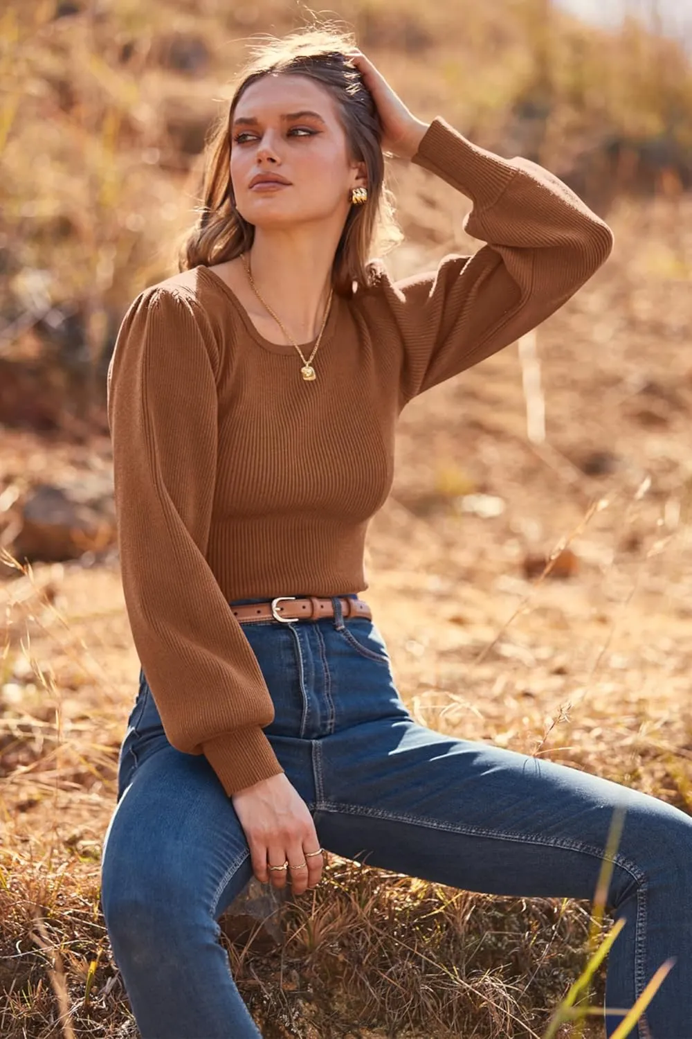 MASCOMODA Long Puff Sleeve Sweaters for Women 2025 Fall Winter Crewneck Knit Ribbed Bodysuit Pullover Tops