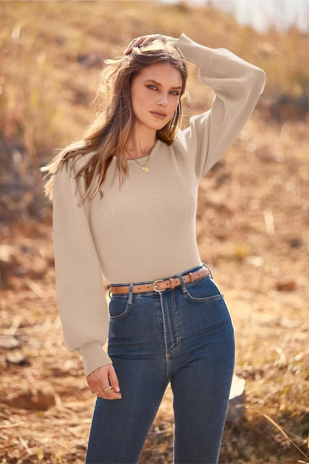 MASCOMODA Long Puff Sleeve Sweaters for Women 2025 Fall Winter Crewneck Knit Ribbed Bodysuit Pullover Tops