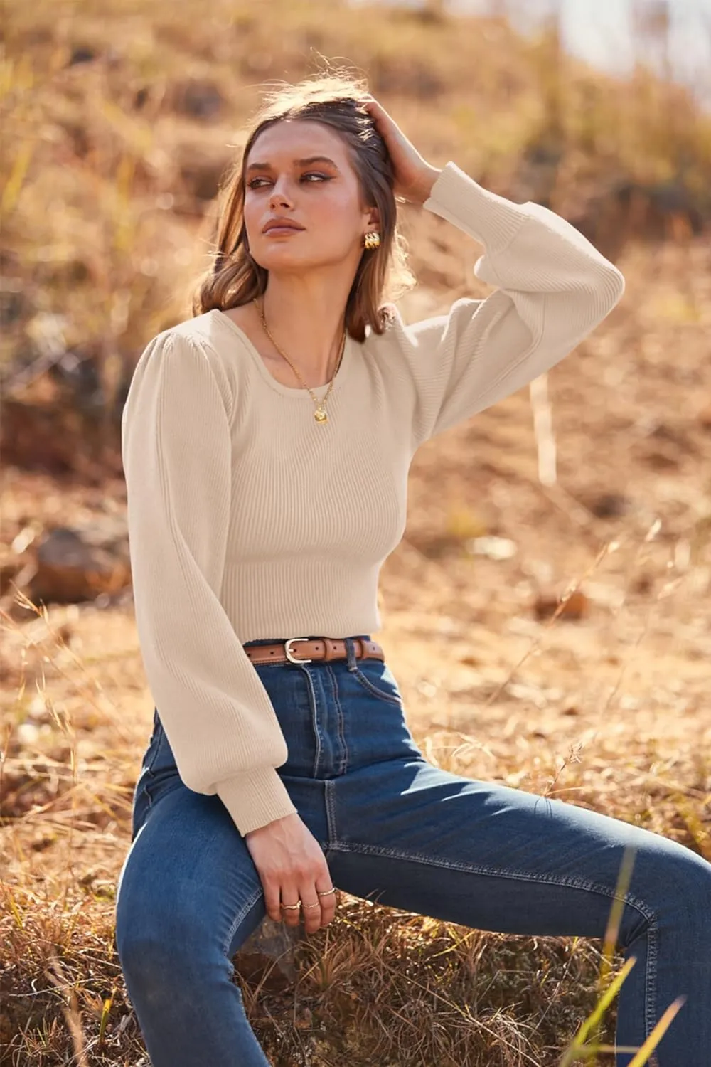 MASCOMODA Long Puff Sleeve Sweaters for Women 2025 Fall Winter Crewneck Knit Ribbed Bodysuit Pullover Tops
