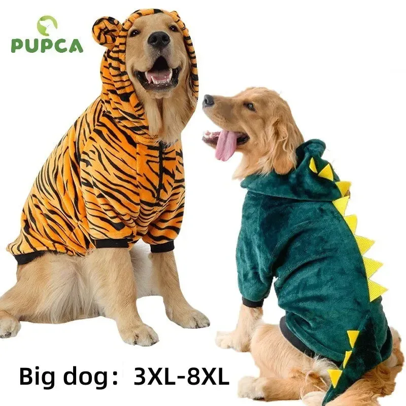 Medium to Large Dog Clothing Winter Hoodie Jacket Fun Dinosaur Tiger Wool Large Dog Coat Clothing Jumpsuit Warm Pet Supplies