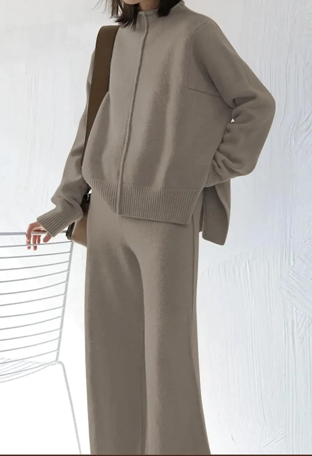 Meenew Women's High Neck 2 Piece Sweatsuit Long Sleeve Knit Sweater Tops Wide Leg Pants Set Outfits
