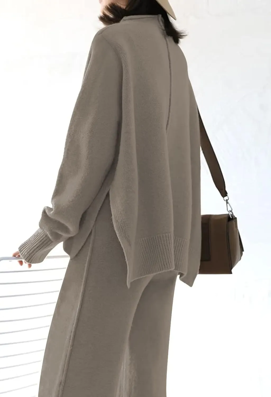 Meenew Women's High Neck 2 Piece Sweatsuit Long Sleeve Knit Sweater Tops Wide Leg Pants Set Outfits