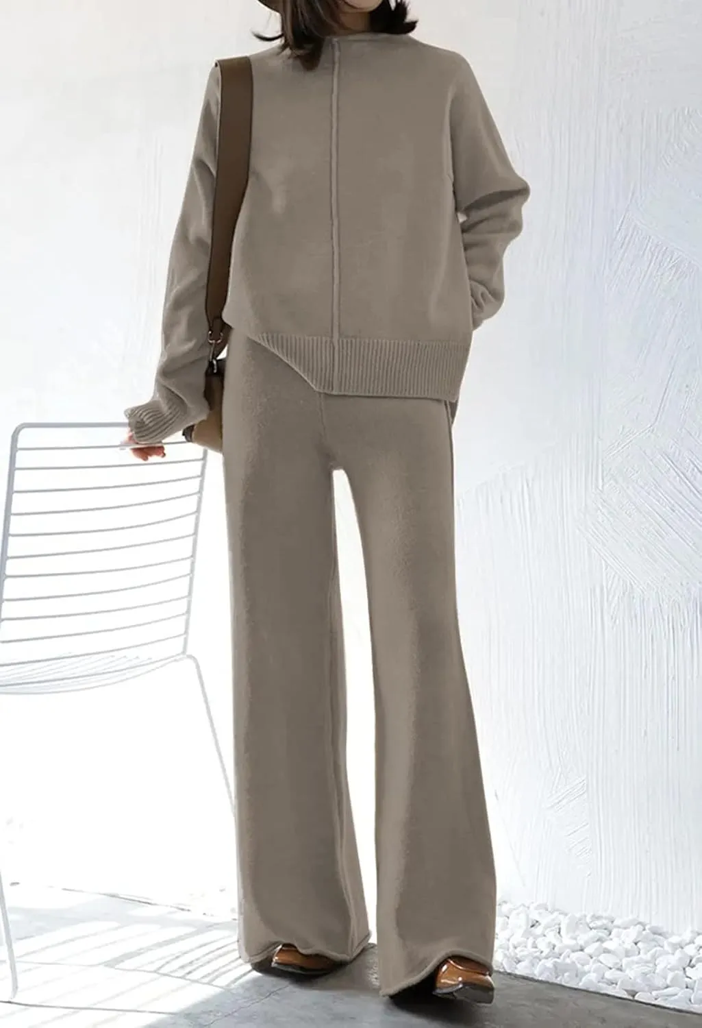 Meenew Women's High Neck 2 Piece Sweatsuit Long Sleeve Knit Sweater Tops Wide Leg Pants Set Outfits