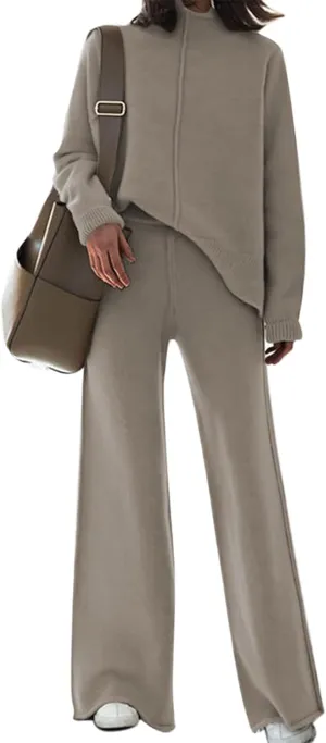 Meenew Women's High Neck 2 Piece Sweatsuit Long Sleeve Knit Sweater Tops Wide Leg Pants Set Outfits