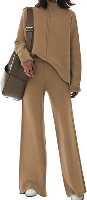 Meenew Women's High Neck 2 Piece Sweatsuit Long Sleeve Knit Sweater Tops Wide Leg Pants Set Outfits