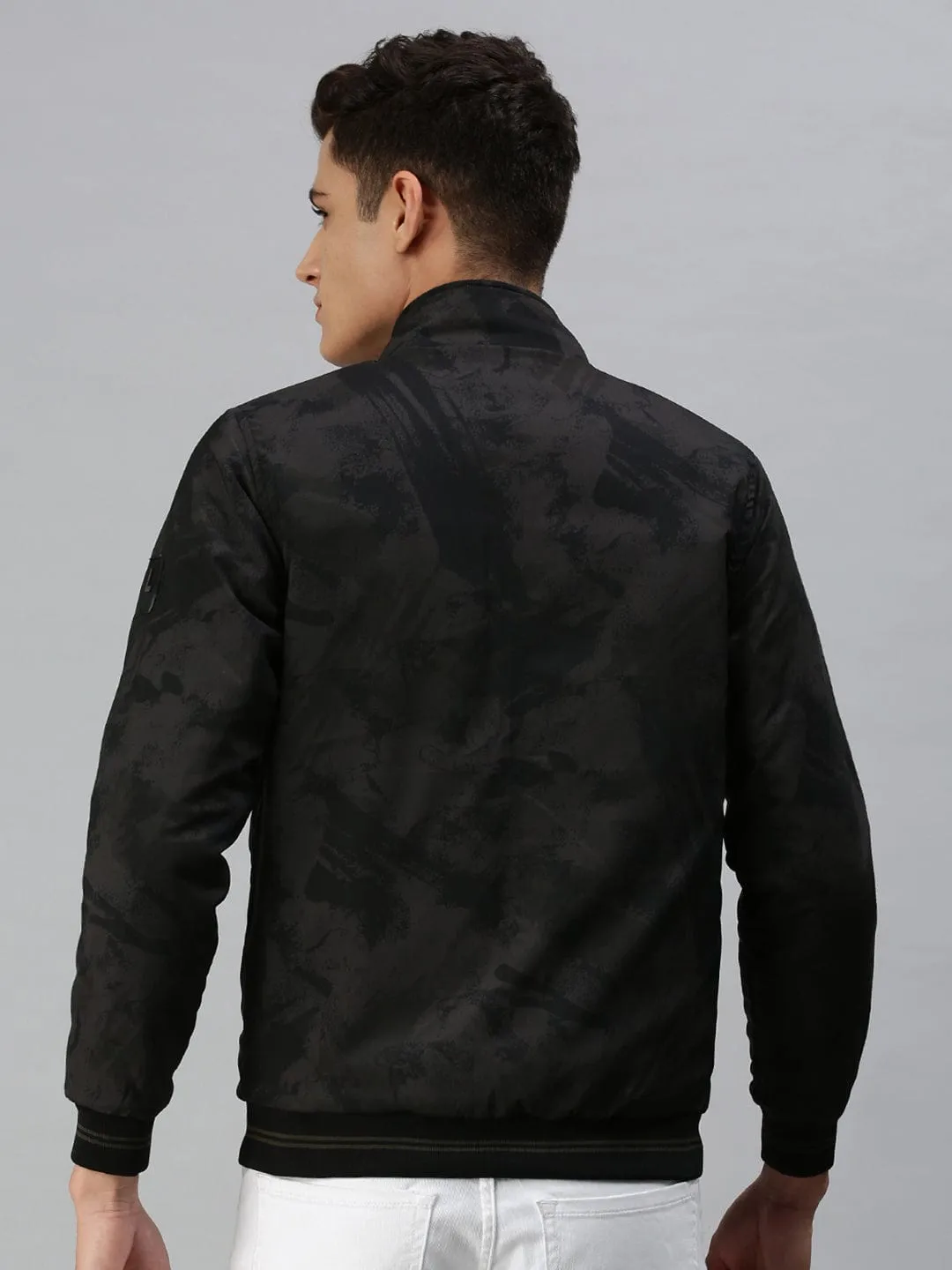 Men Black Camouflage Reversible Puffer Jacket with Patchwork