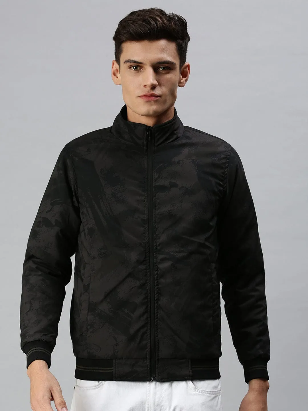 Men Black Camouflage Reversible Puffer Jacket with Patchwork