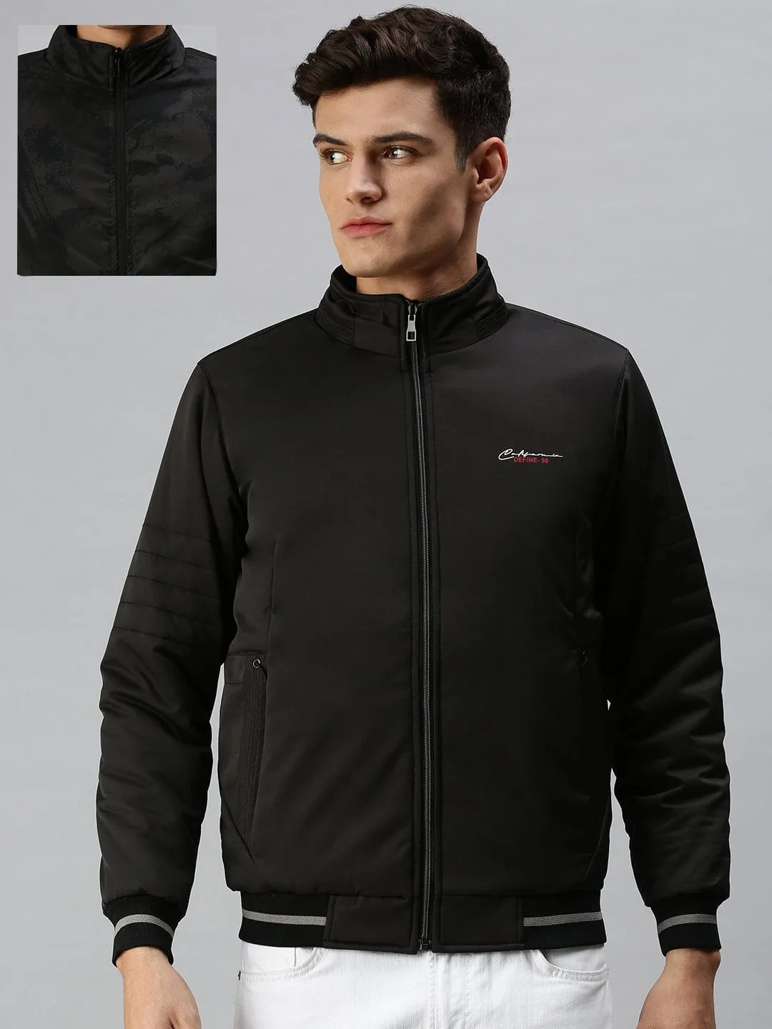 Men Black Camouflage Reversible Puffer Jacket with Patchwork