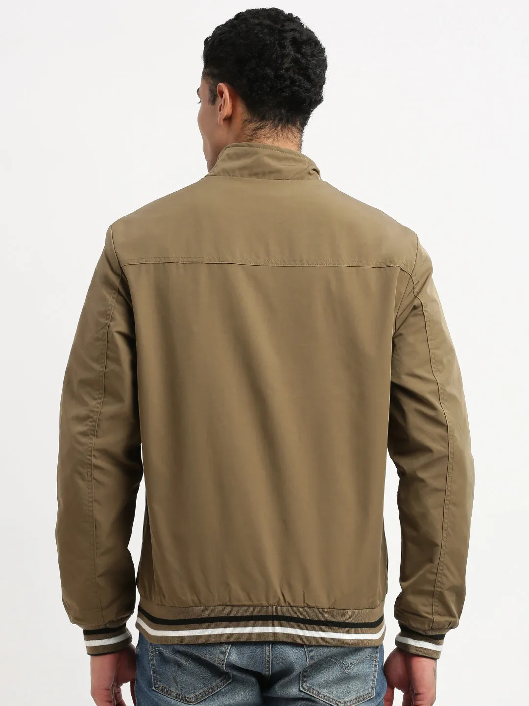 Men Mock Collar Olive Solid Casual Reversible Bomber Jacket