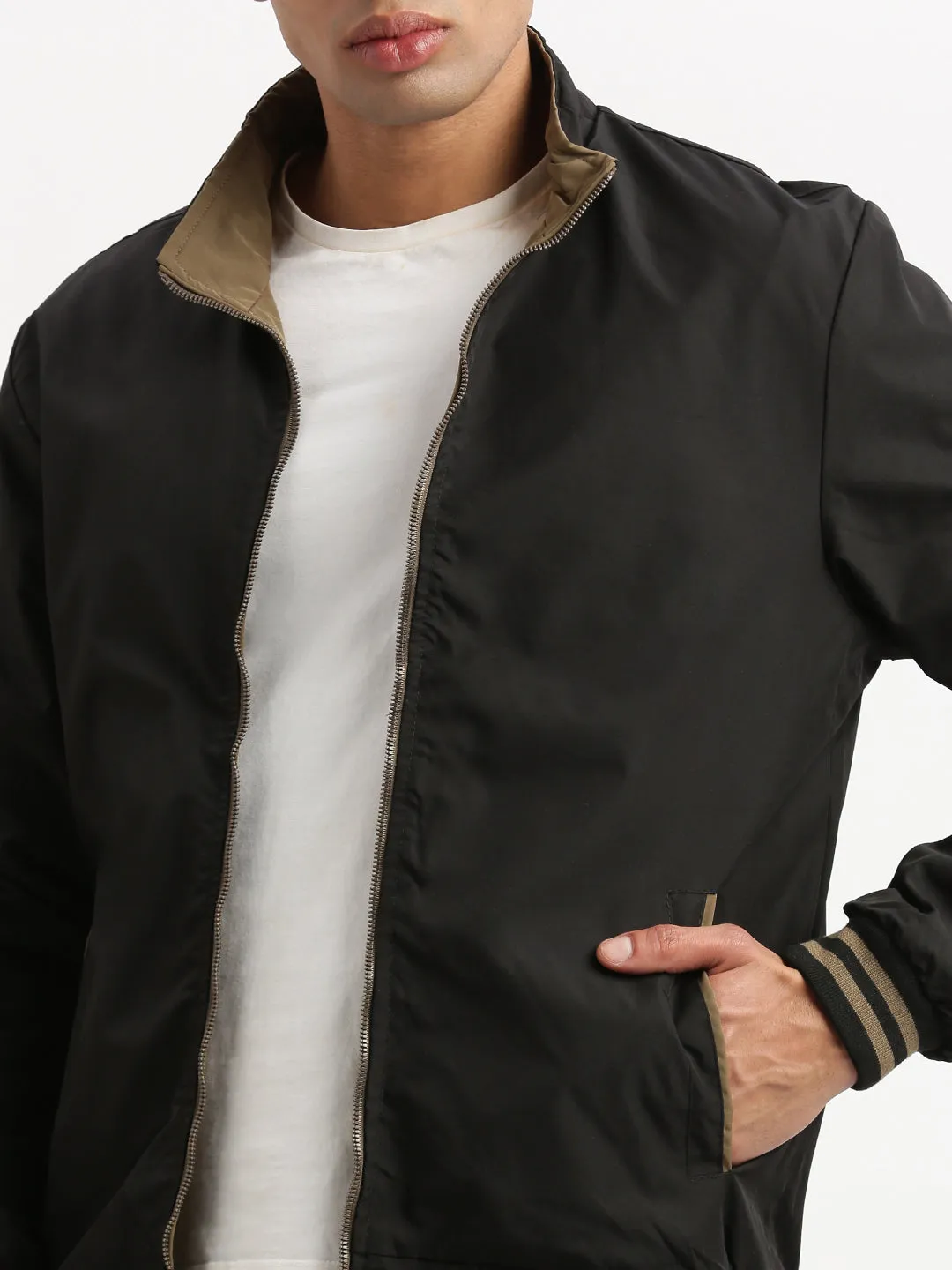 Men Mock Collar Olive Solid Casual Reversible Bomber Jacket