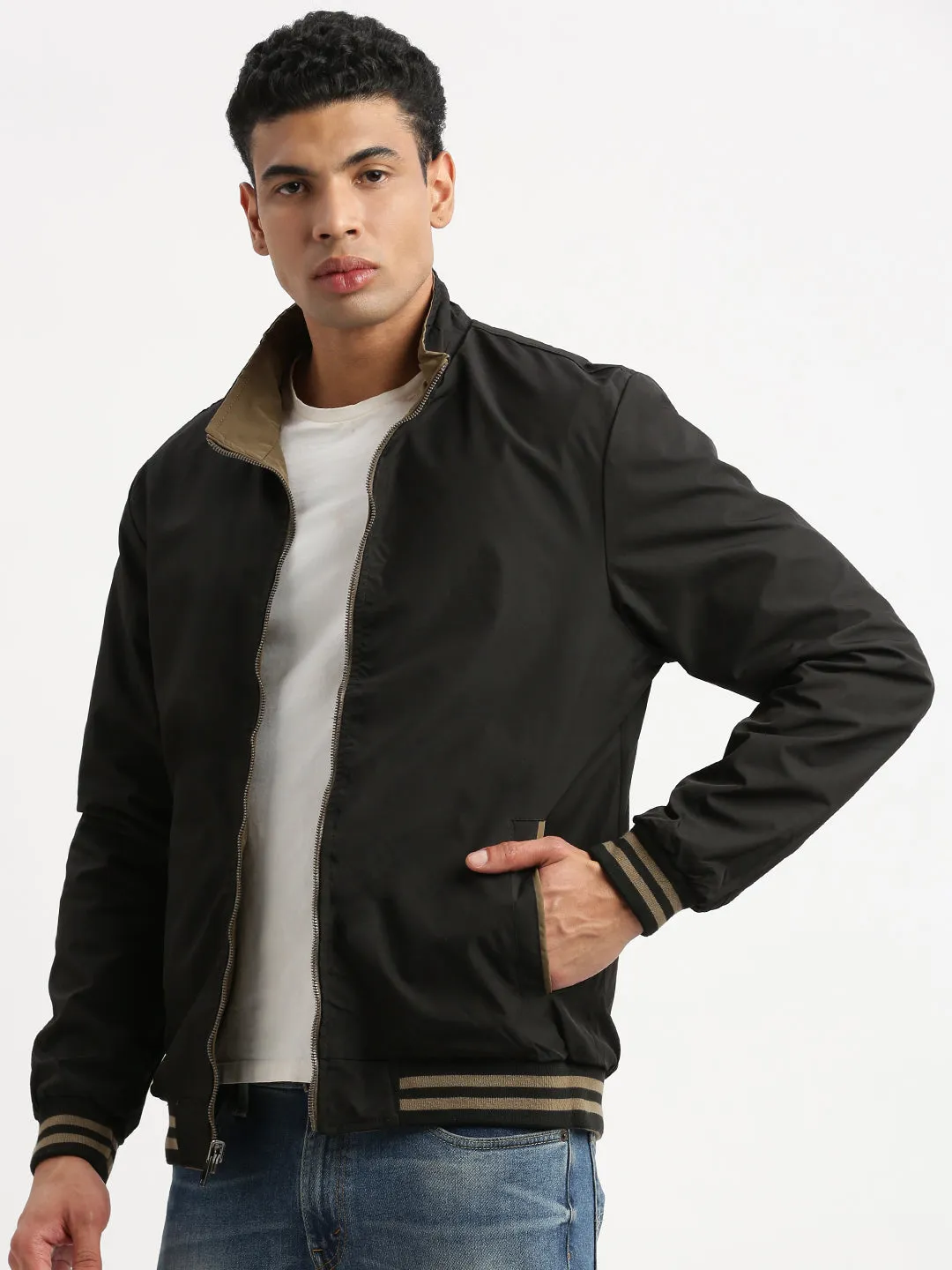 Men Mock Collar Olive Solid Casual Reversible Bomber Jacket
