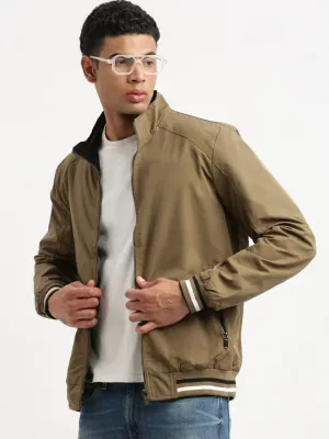 Men Mock Collar Olive Solid Casual Reversible Bomber Jacket