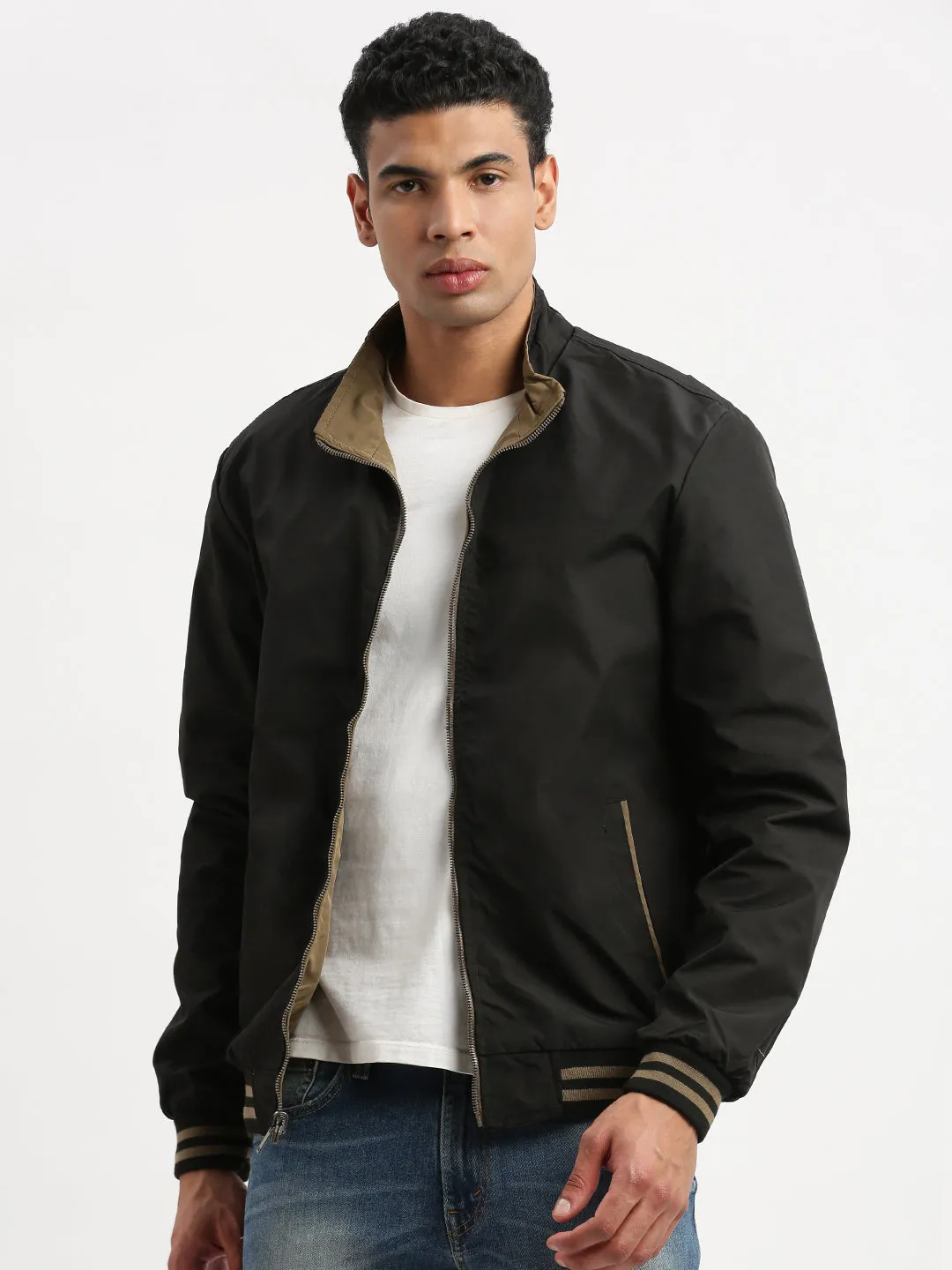 Men Mock Collar Olive Solid Casual Reversible Bomber Jacket