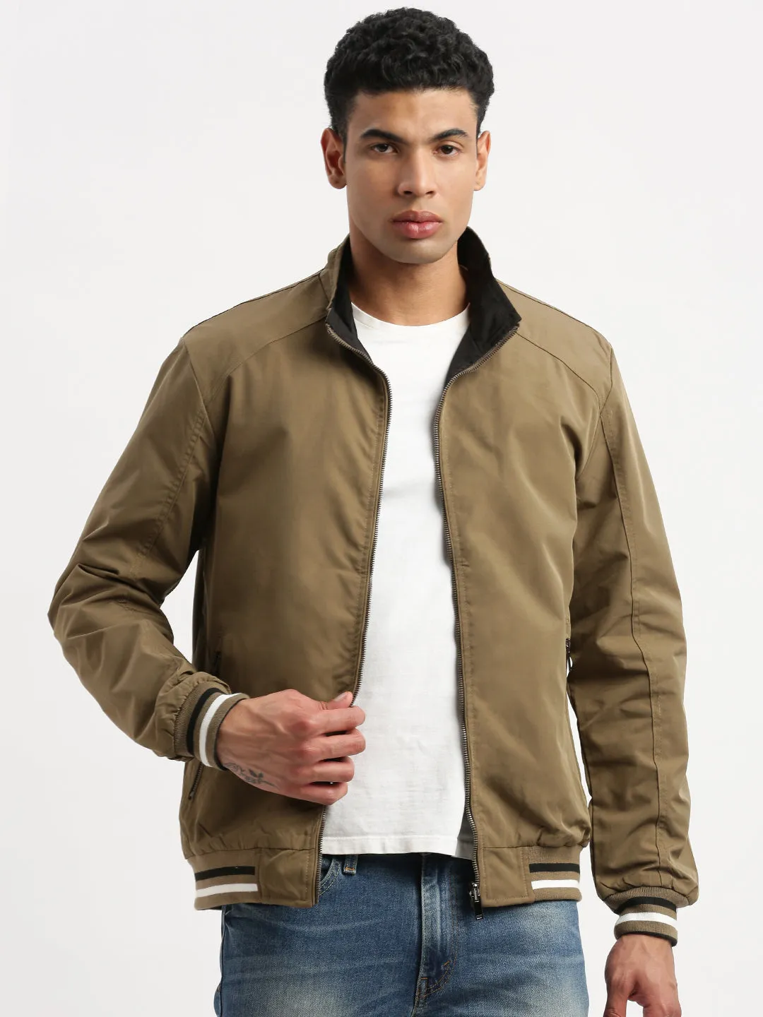Men Mock Collar Olive Solid Casual Reversible Bomber Jacket