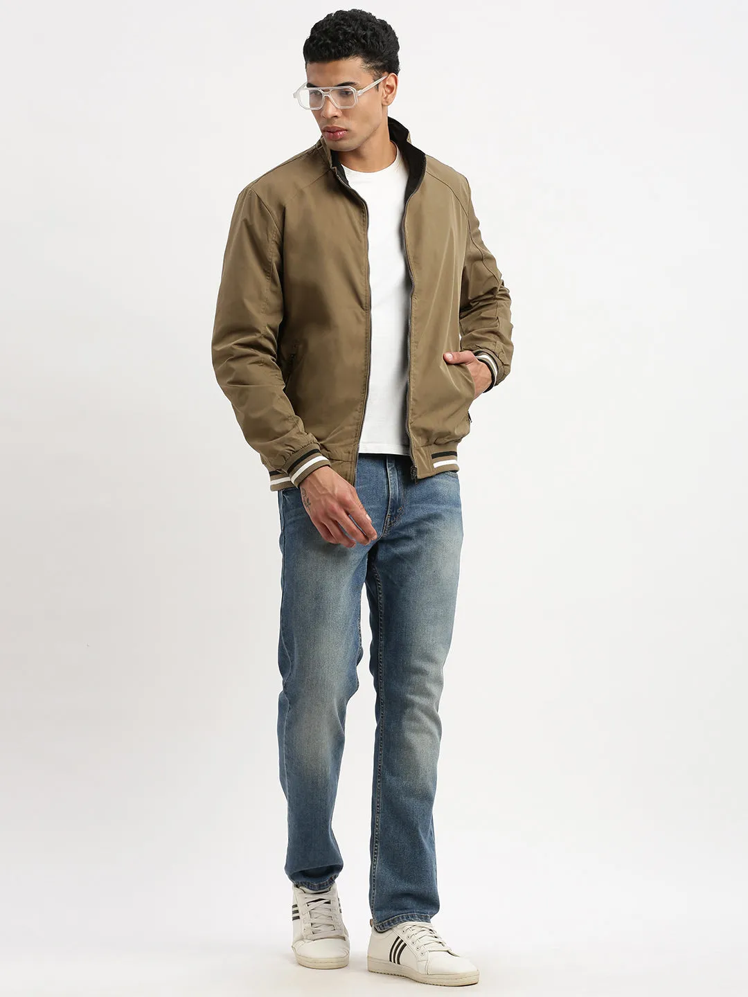 Men Mock Collar Olive Solid Casual Reversible Bomber Jacket