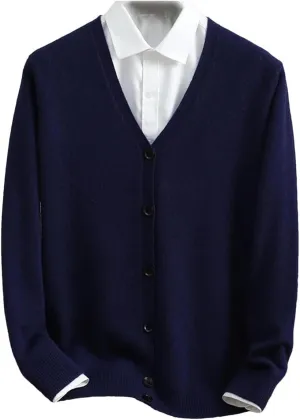Men V-Neck Cashmere Cardigan Winter Cable Button Up Knitwear Casual Knitted Sweater