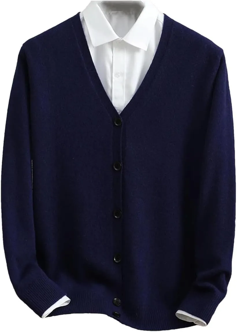 Men V-Neck Cashmere Cardigan Winter Cable Button Up Knitwear Casual Knitted Sweater