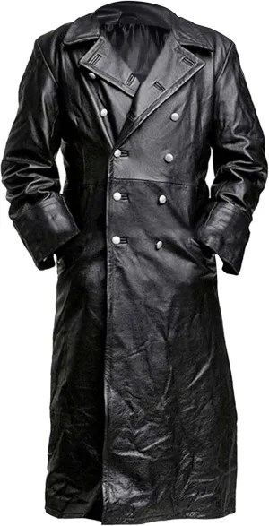 Mens Black Leather Trench Coat - Double Breasted German Classic Officer WW2 Military Uniform Jacket