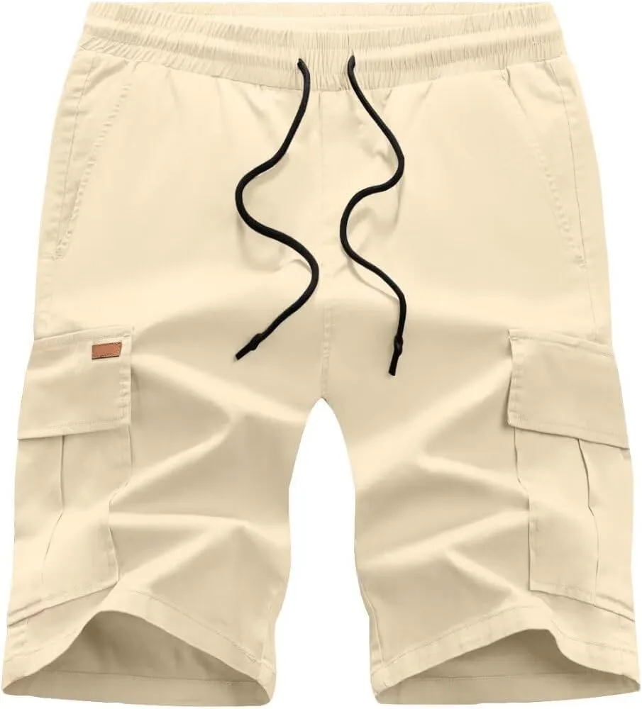 Mens Cargo Shorts Casual Waist Elastic Drawstring Outdoor Golf Shorts with 6 Pockets