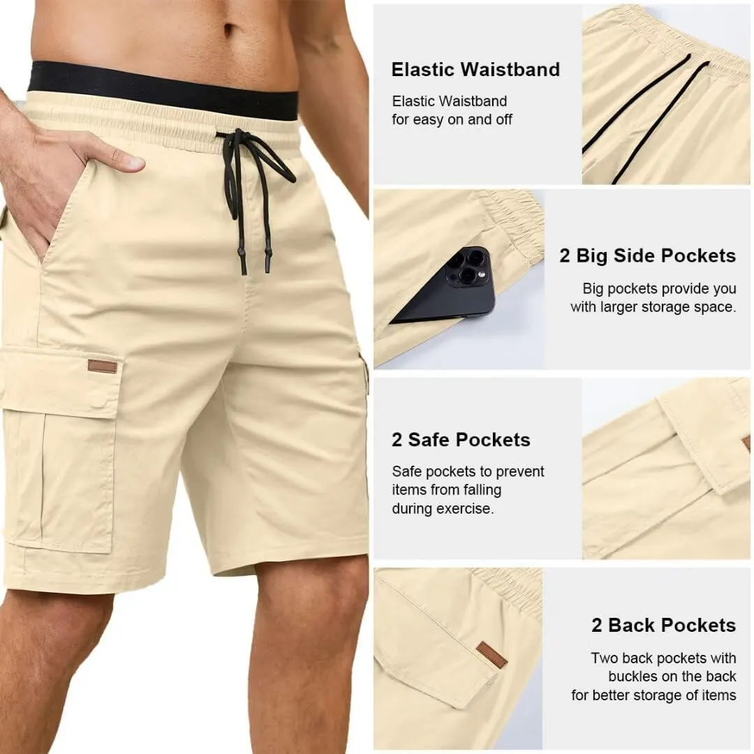 Mens Cargo Shorts Casual Waist Elastic Drawstring Outdoor Golf Shorts with 6 Pockets