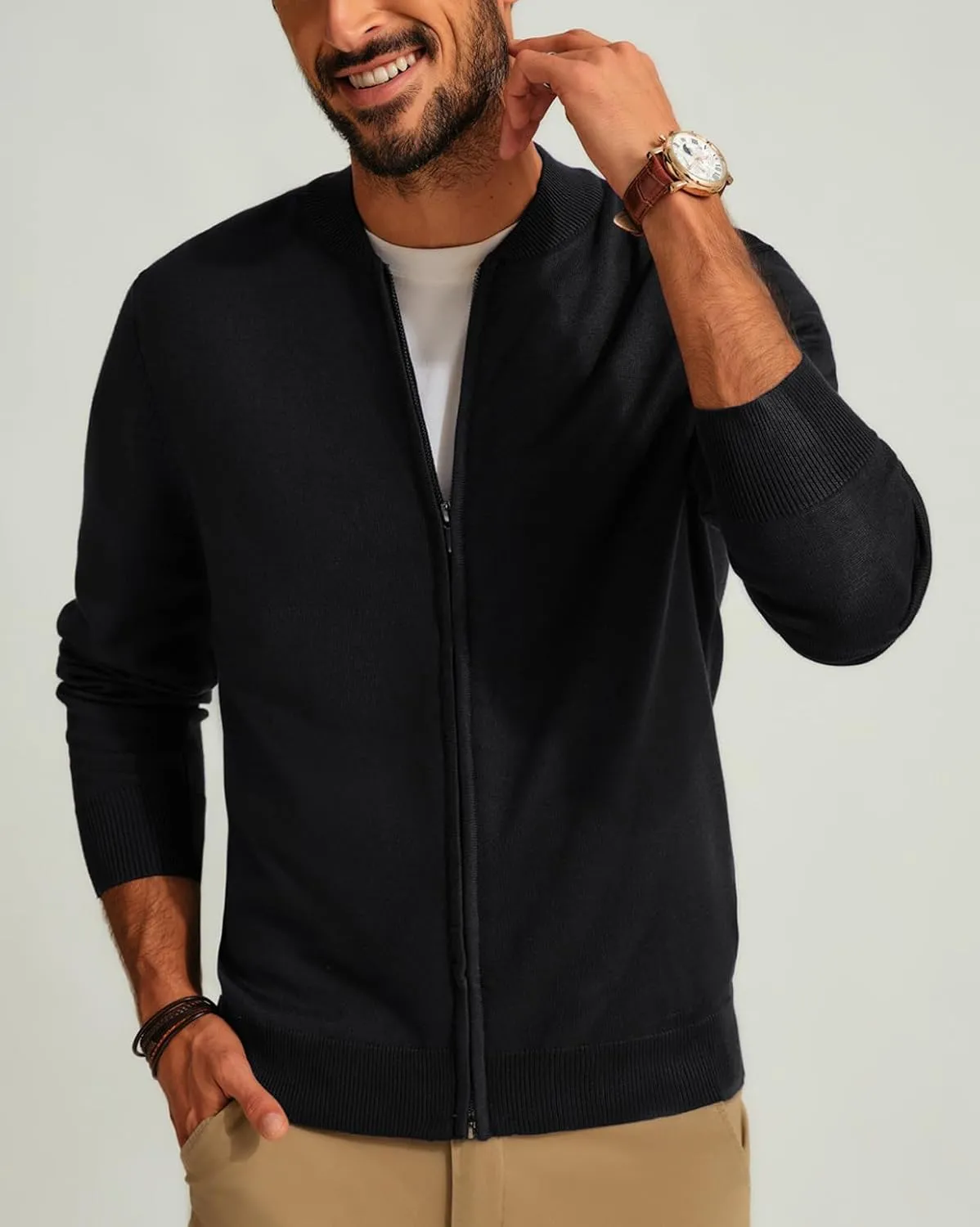 Men's Casual Full Zip Cardigan Sweater Slim Fit Stand Collar Sweater Jacket