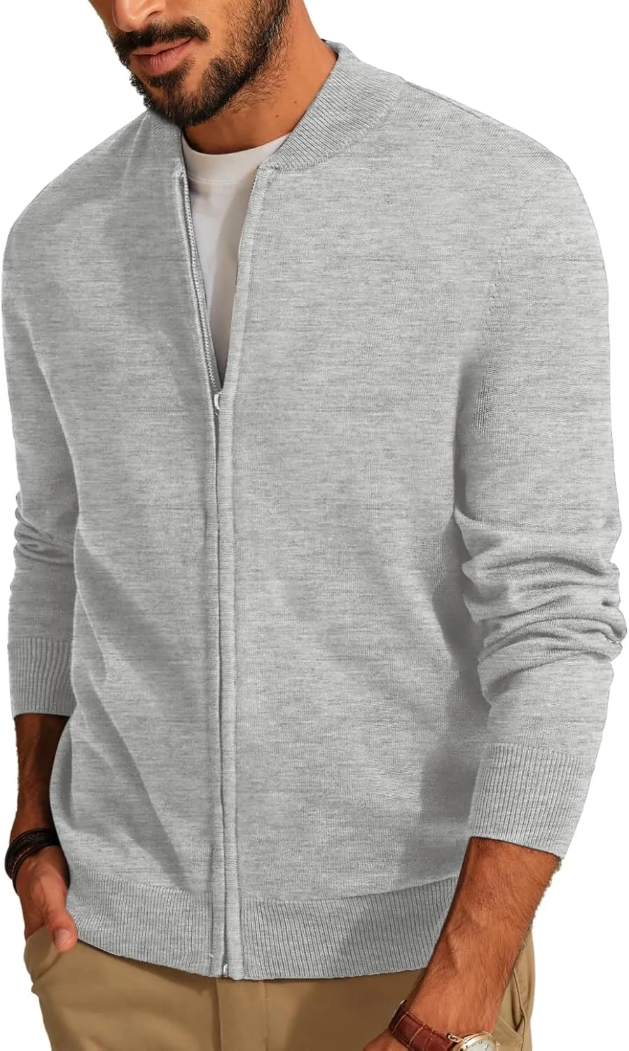 Men's Casual Full Zip Cardigan Sweater Slim Fit Stand Collar Sweater Jacket