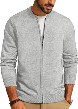 Men's Casual Full Zip Cardigan Sweater Slim Fit Stand Collar Sweater Jacket
