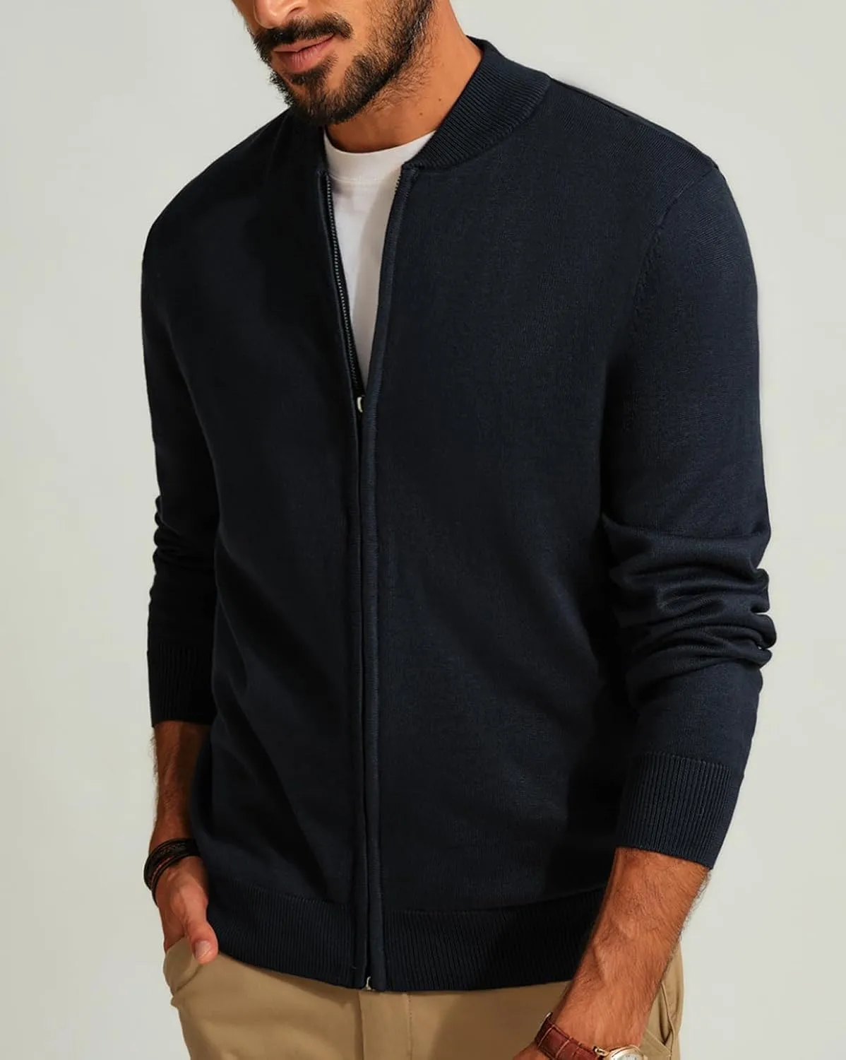 Men's Casual Full Zip Cardigan Sweater Slim Fit Stand Collar Sweater Jacket