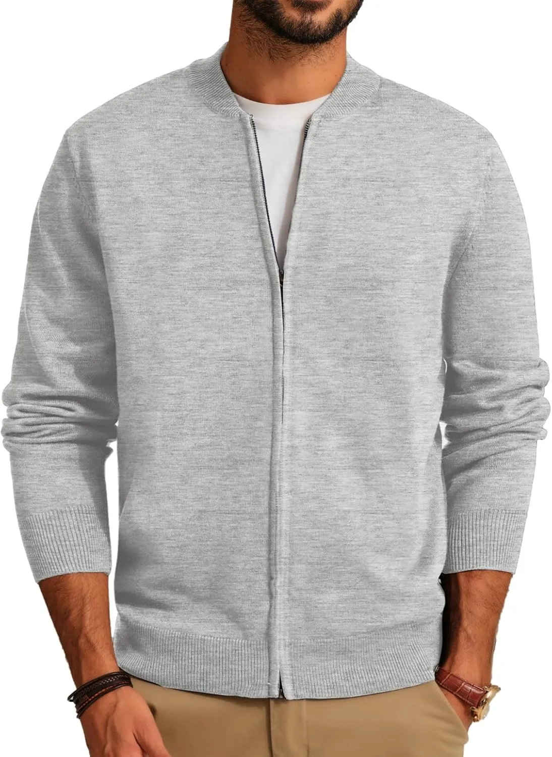 Men's Casual Full Zip Cardigan Sweater Slim Fit Stand Collar Sweater Jacket
