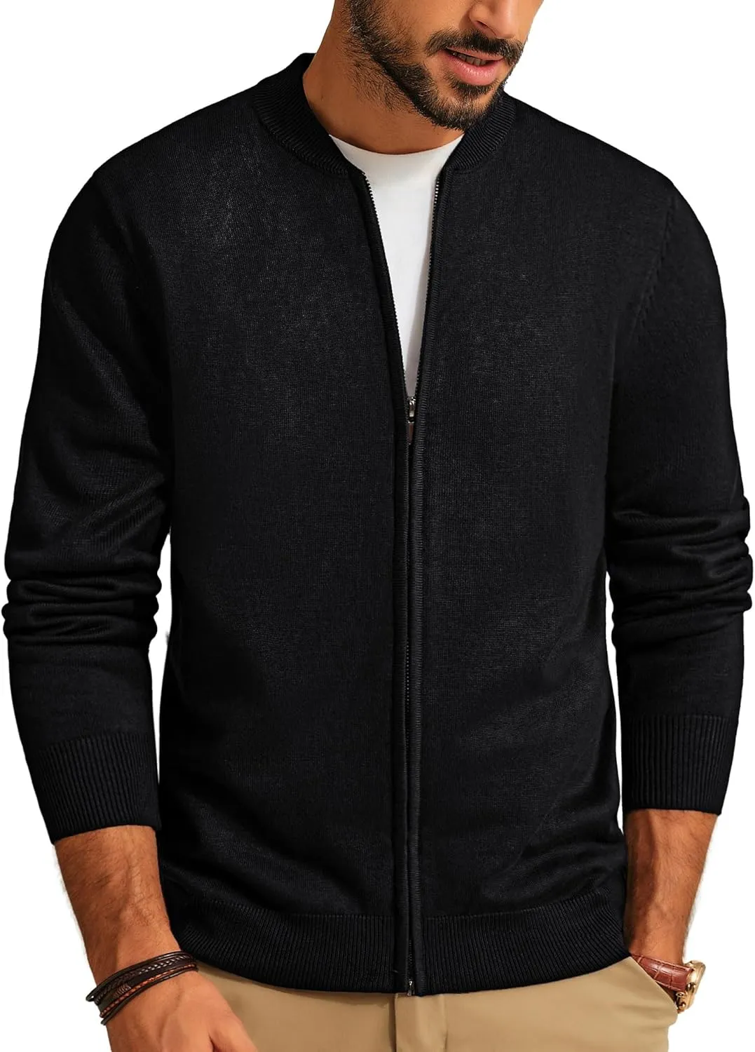 Men's Casual Full Zip Cardigan Sweater Slim Fit Stand Collar Sweater Jacket