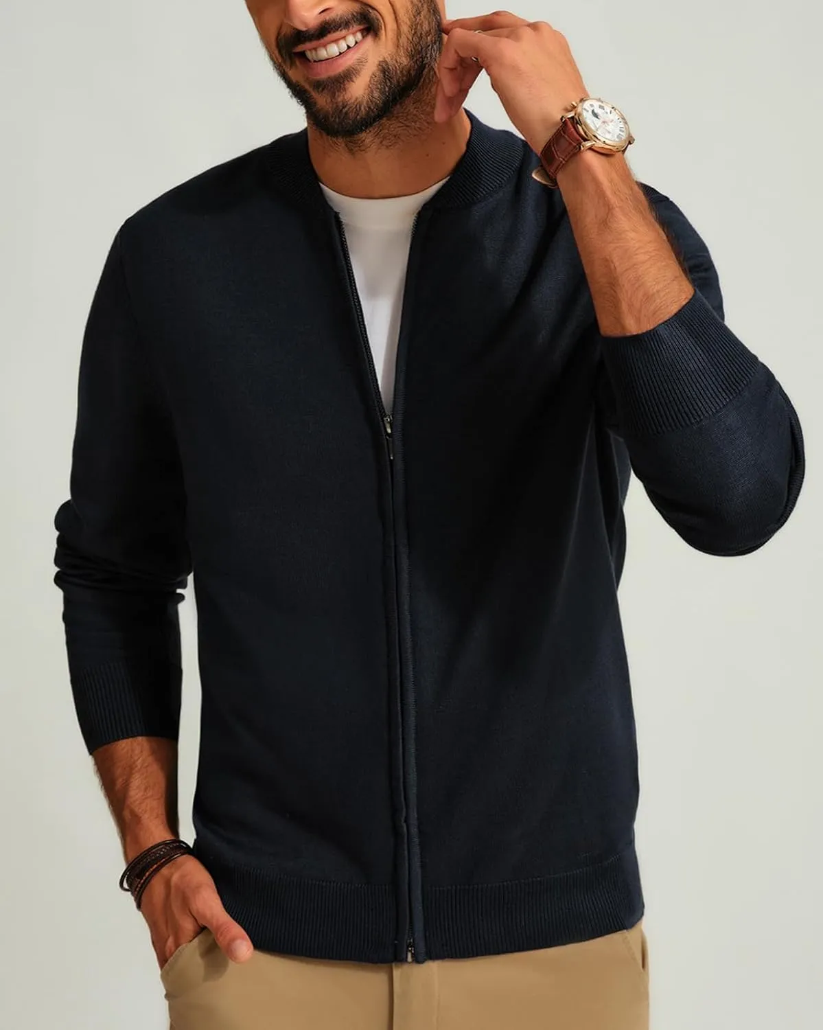Men's Casual Full Zip Cardigan Sweater Slim Fit Stand Collar Sweater Jacket