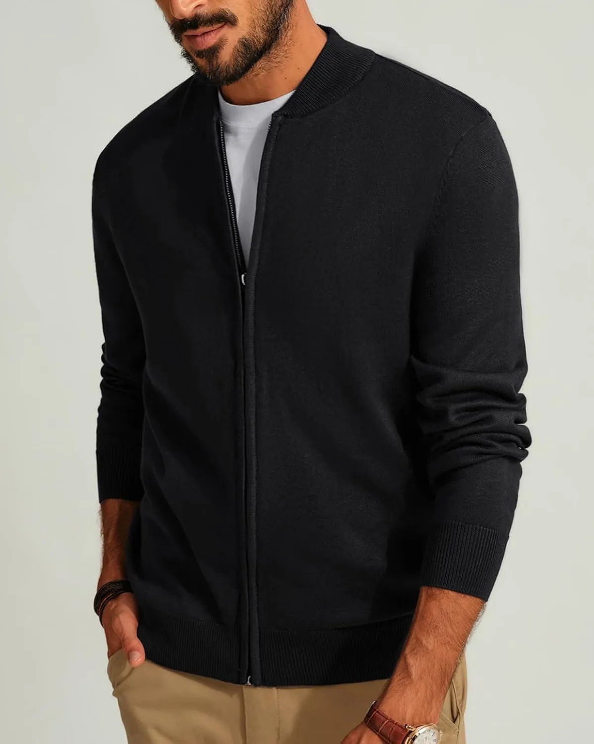 Men's Casual Full Zip Cardigan Sweater Slim Fit Stand Collar Sweater Jacket