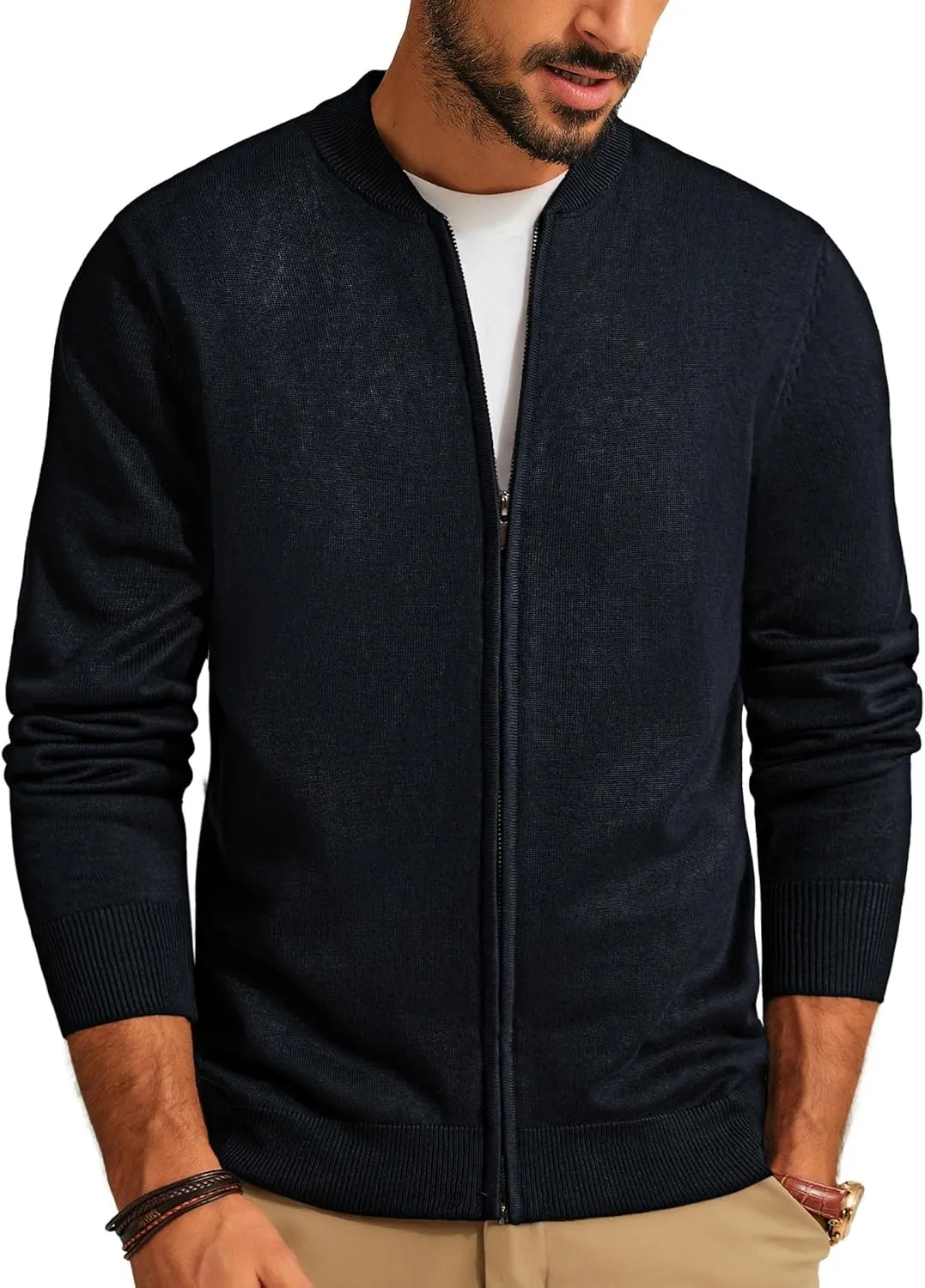 Men's Casual Full Zip Cardigan Sweater Slim Fit Stand Collar Sweater Jacket