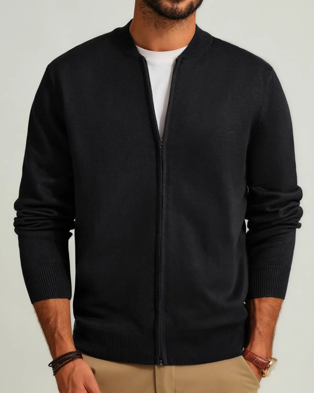 Men's Casual Full Zip Cardigan Sweater Slim Fit Stand Collar Sweater Jacket