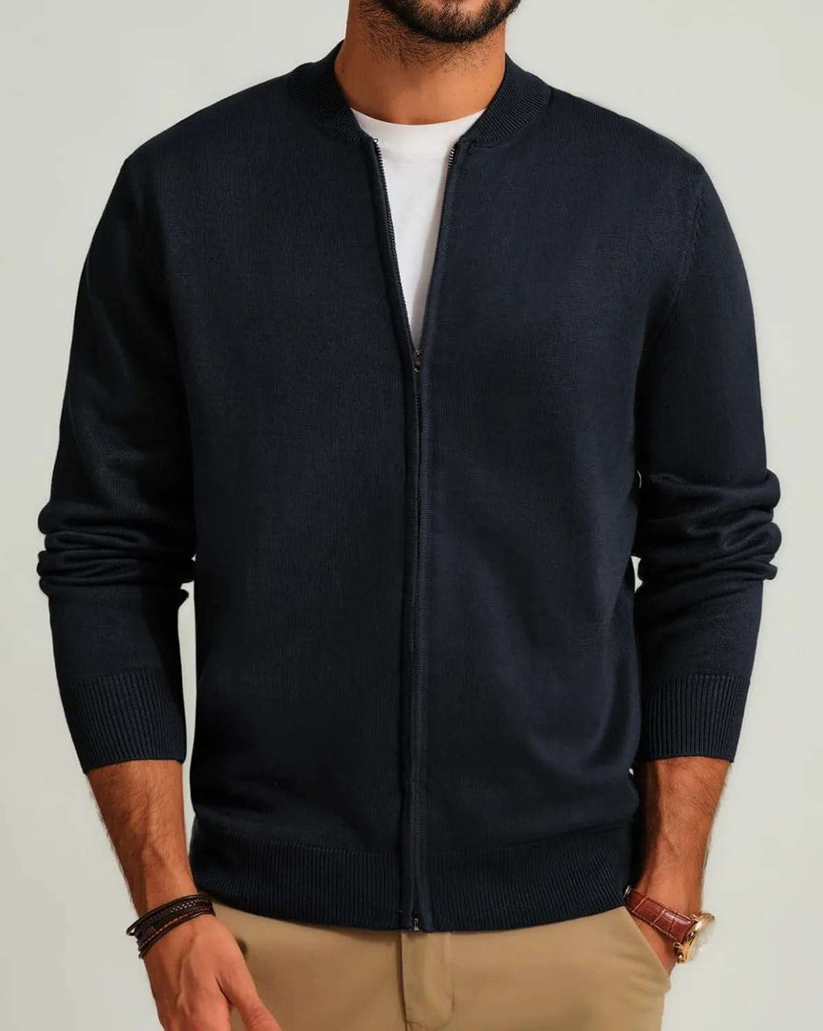 Men's Casual Full Zip Cardigan Sweater Slim Fit Stand Collar Sweater Jacket