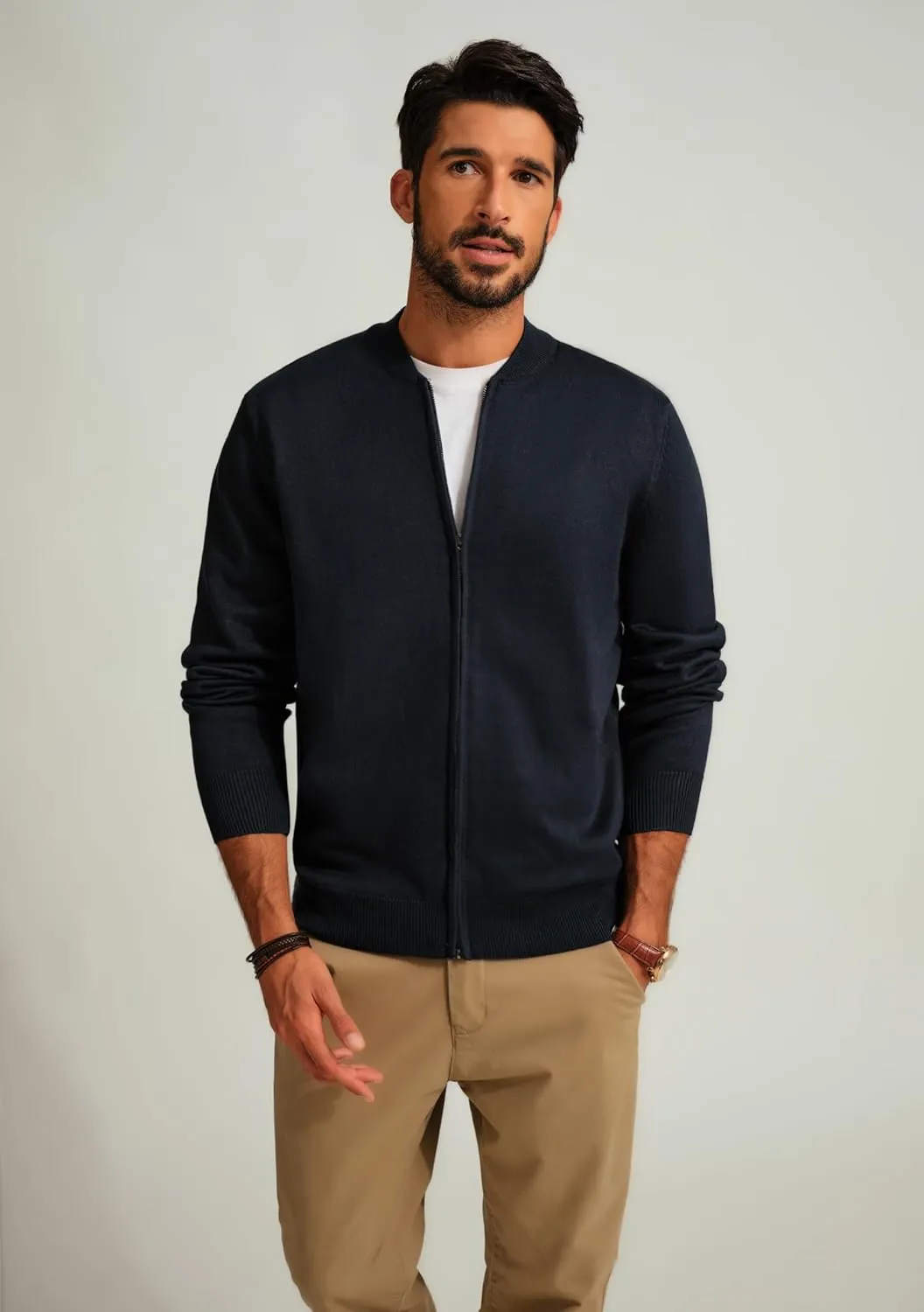 Men's Casual Full Zip Cardigan Sweater Slim Fit Stand Collar Sweater Jacket