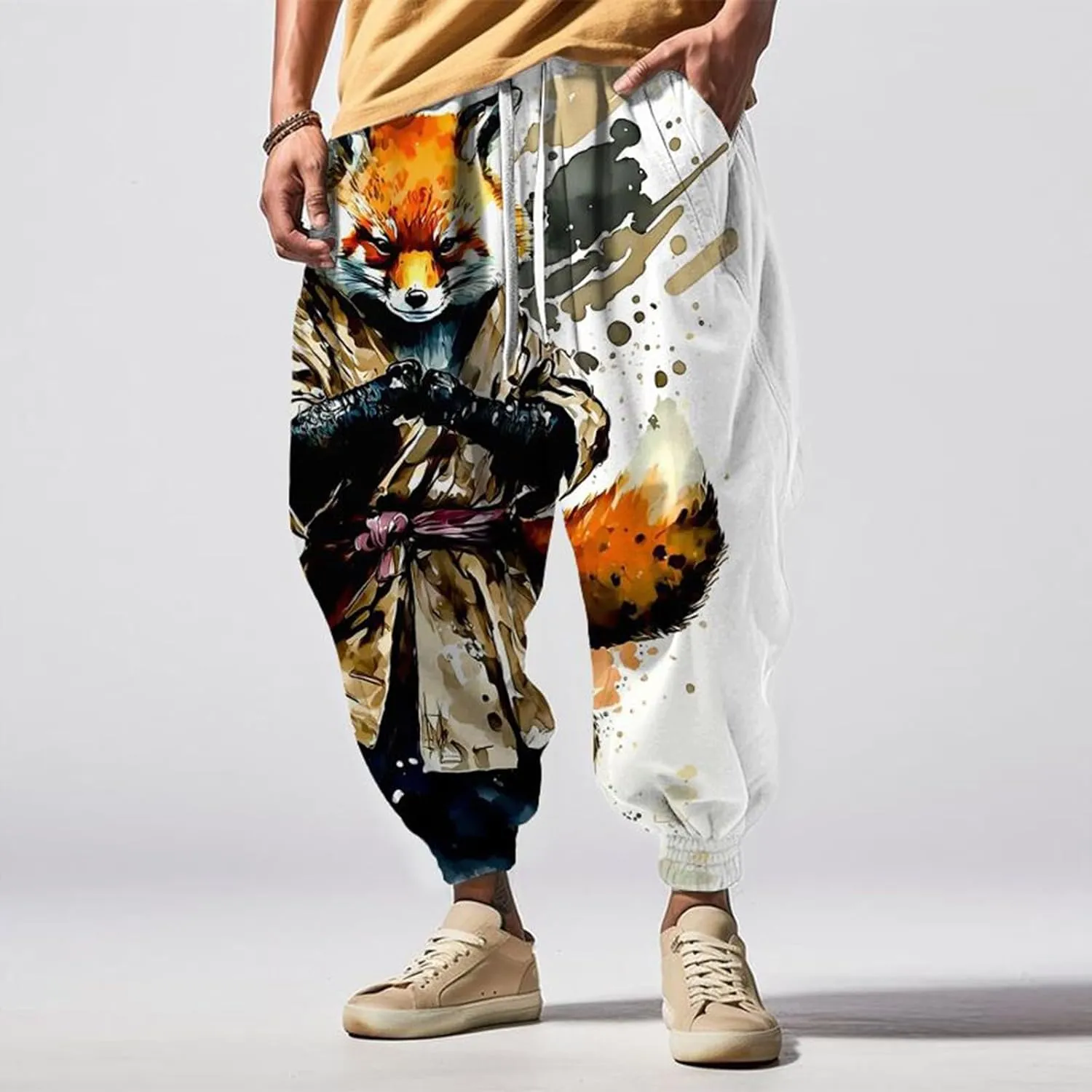 Men's Drawstring Hippie Harem Pants Men's Autumn Fun Print Fashion Street Feel Casual Cotton Drawstring Cargo Pants